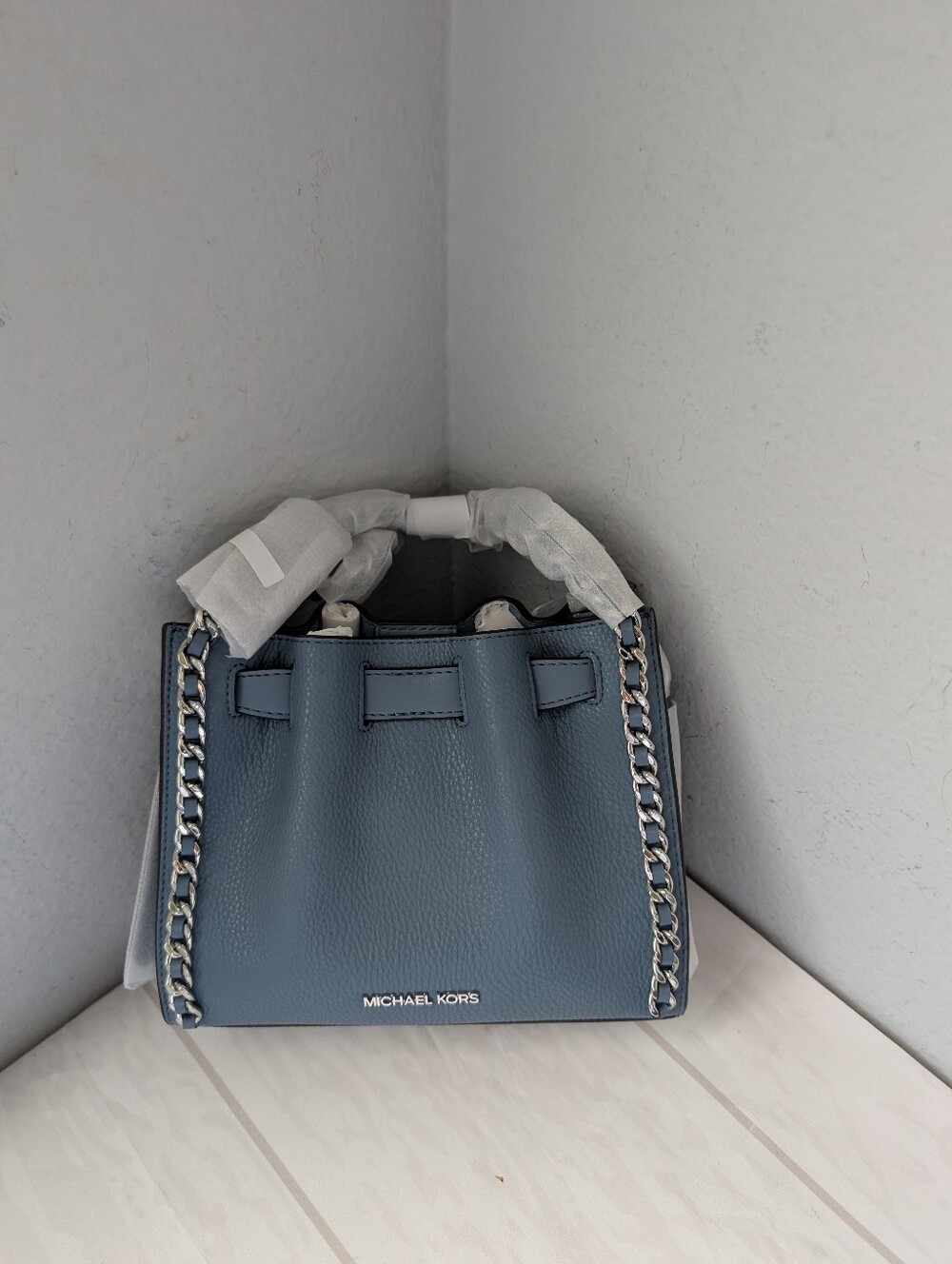 NWT Michael Kors Mina Small MK Belted Chain Shoulder Crossbody Bag In Denim